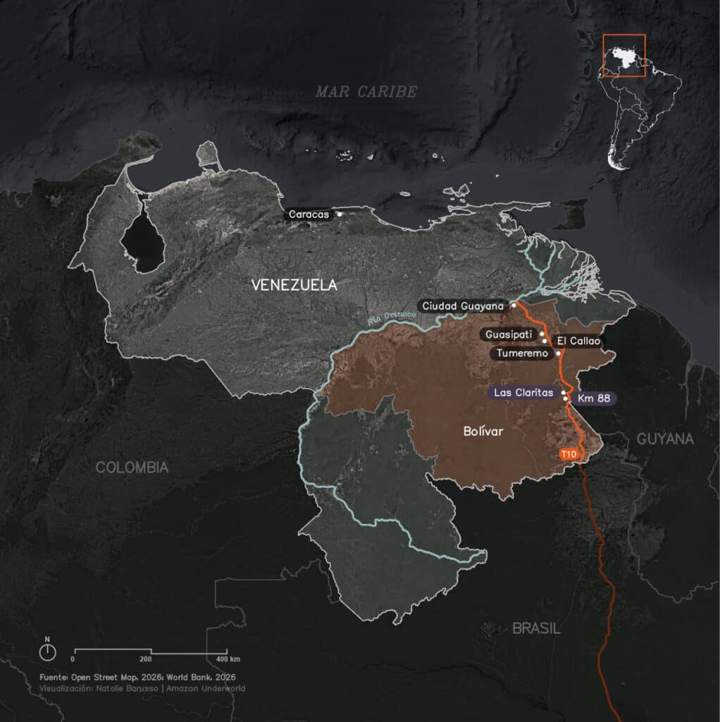Mapa Las Claritas Venezuela, minería de oro.